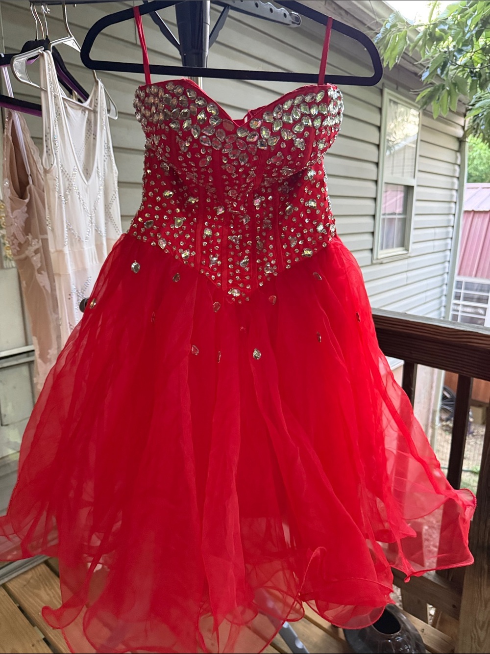 Women’s Small Red Rhinestone Tulle Dress corset adjust. , 34”bust, 36”long 26 wa